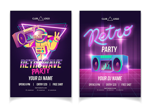Retrowave music party in nightclub cartoon vector ad poster, flyer or brochure page template in neon colors. Astronaut in spacesuit holding boombox on shoulder, showing victory hand sign illustration