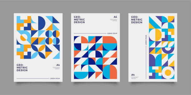 Retro bauhaus geometric cover design Placard templates set with Geometric shapes, Retro bauhaus swiss style flat and line design elements. Retro art for covers, banners, flyers and posters. Eps 10 vector illustrations logo mail stock illustrations