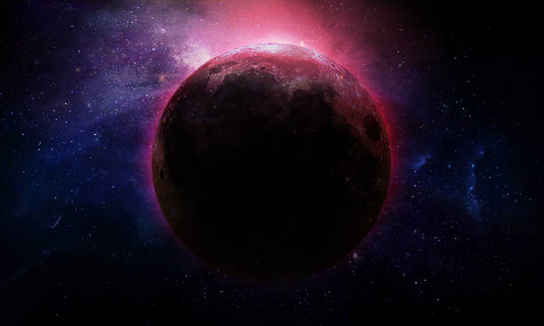 istock abstract space illustration, bright moon in red glow and shining stars 1203708878