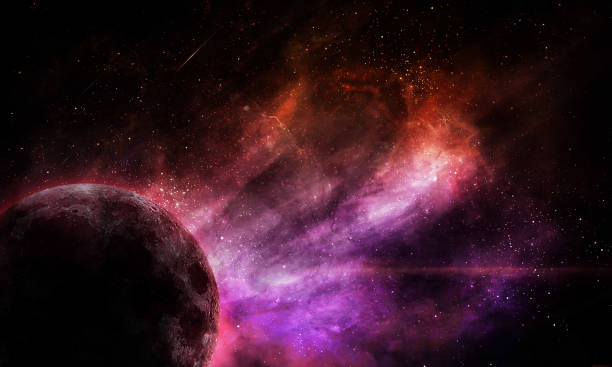 istock abstract space illustration, bright red-violet planet and space nebula 1203708883