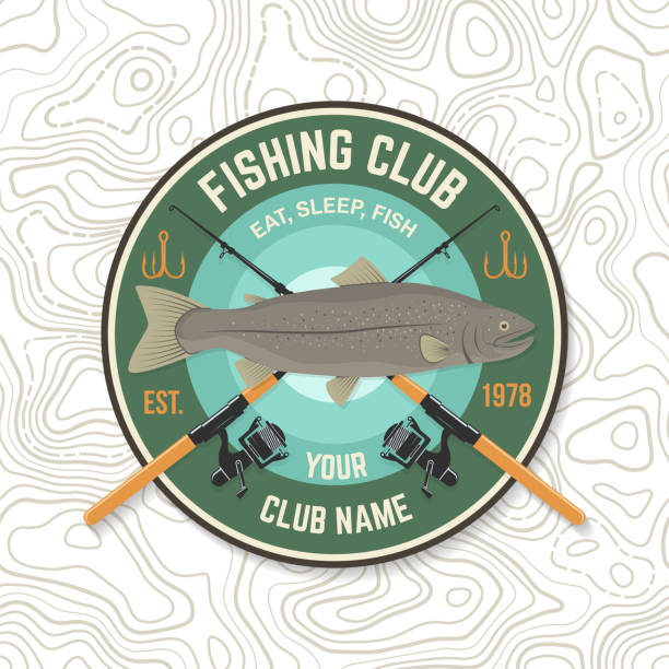 ilustrações de stock, clip art, desenhos animados e ícones de fishing sport club patch. vector. concept for shirt or logo, print, stamp, tee, sticker, patch. vintage typography design with fish rod and rainbow trout silhouette. - trout fishing silhouette salmon