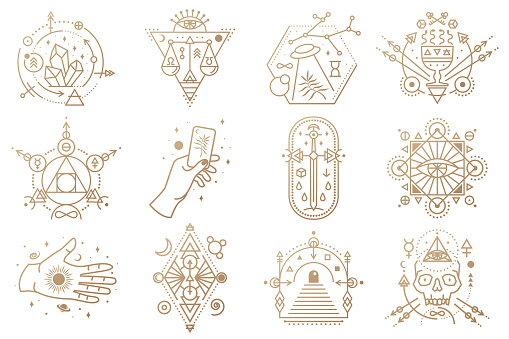 Esoteric symbols. Vector. Thin line geometric badge. Outline icon for alchemy or sacred geometry. Mystic and magic design with crystals, sun, ufo flying, stars, skull, gate to another world and moon.