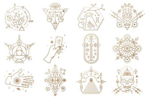 Esoteric symbols. Vector. Thin line geometric badge. Outline icon for alchemy, sacred geometry. Mystic and magic design with crystals, sun, ufo flying, stars, gate to another world and moon. Esoteric symbols. Vector. Thin line geometric badge. Outline icon for alchemy or sacred geometry. Mystic and magic design with crystals, sun, ufo flying, stars, skull, gate to another world and moon. alchemy illustrations stock illustrations