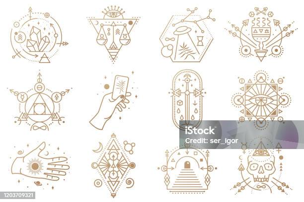 Esoteric Symbols Vector Thin Line Geometric Badge Outline Icon For Alchemy Sacred Geometry Mystic And Magic Design With Crystals Sun Ufo Flying Stars Gate To Another World And Moon Stock Illustration - Download Image Now