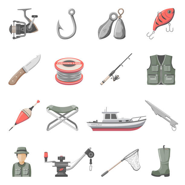 Fishing Equipment Icons Fishing Gear, Supplies, & Equipment Icon Set fishing line illustrations stock illustrations