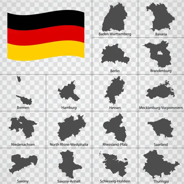 Vector illustration of Sixteen Maps German lands - alphabetical order with name. Every single map of state are listed and isolated with wordings and titles. Federal Republic of Germany. Regions. EPS10.