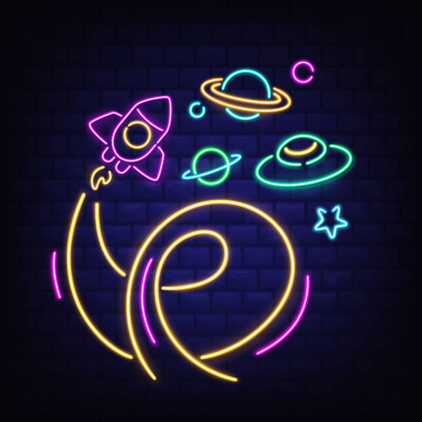 ilustrações, clipart, desenhos animados e ícones de ícones espaciais neon definidos, foguete, ovni, saturno e estrela - outdoor fire