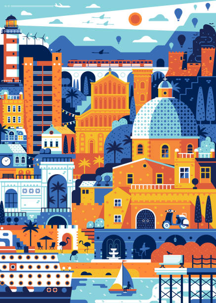 illustrazioni stock, clip art, cartoni animati e icone di tendenza di poster di viaggio di mediterranean italy sea town cagliari - sardegna