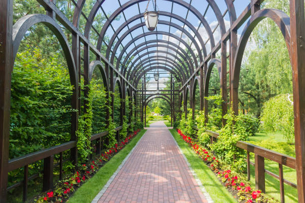 istock Wooden arched pergola in summer park 1203711908