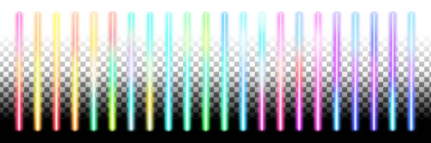 ilustraciones, imágenes clip art, dibujos animados e iconos de stock de luces de neón arco iris. palos brillantes. líneas láser fluorescentes para fondos blancos y negros. - prism spectrum laser rainbow