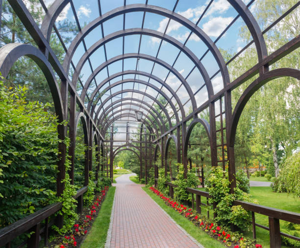 istock Wooden arched pergola in summer park 1203712185