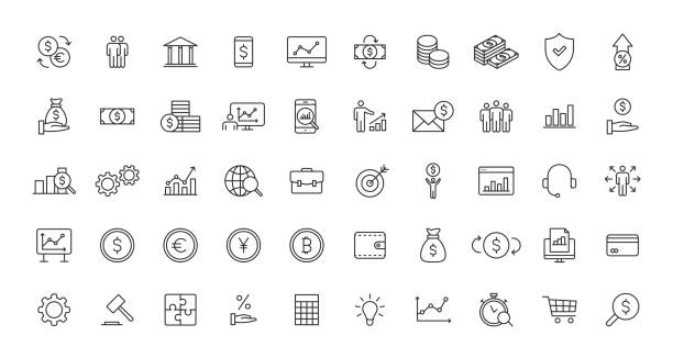 ilustrações de stock, clip art, desenhos animados e ícones de set of business and finance web icons in line style. money, dollar, infographic, banking. vector illustration. - exchanging connection symbol computer icon