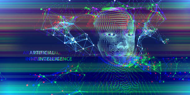 istock Glitch color background with grid face . Futuristic artificial intelligence presentation. Computer communication technology. 1203714302