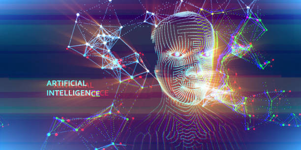 istock Glitch color background with shine grid face . Futuristic artificial intelligence presentation. Computer communication technology. 1203714332