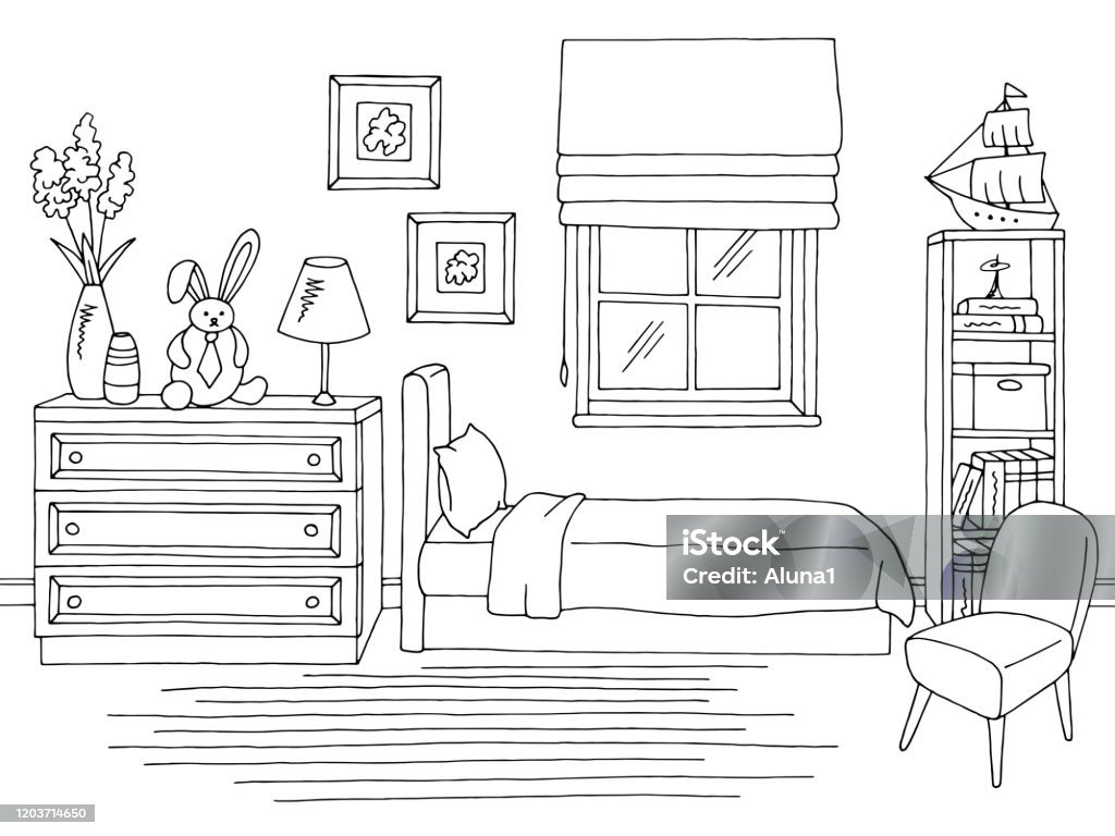 Children Room Graphic Black White Home Interior Sketch Illustration Vector  Stock Illustration - Download Image Now - iStock