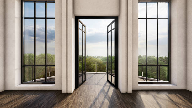 istock Bright room interior design with door and high windows,forest view daylight. 3D illustration 1203716038