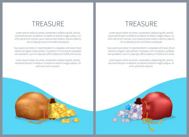 Vector illustration of Treasure Posters with Bags Shiny Diamonds and Gold