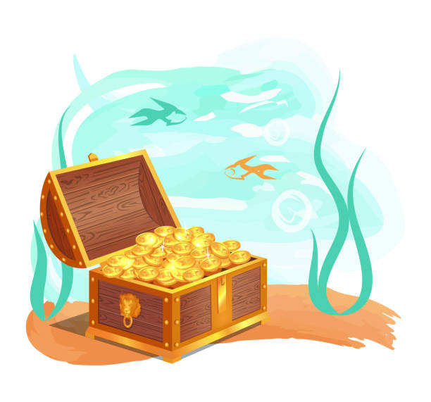 istock Gold Treasures in Wooden Chest at Ocean Bottom 1203716120