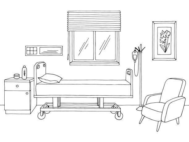 ilustrações, clipart, desenhos animados e ícones de metores de ilustração de esboço de interior estográfico preto branco gráfico - hospital ward