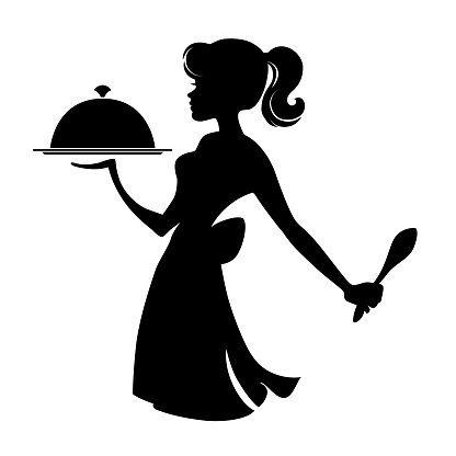 Silhouette of the elegant waitress with a tray. Vector illustration without background.