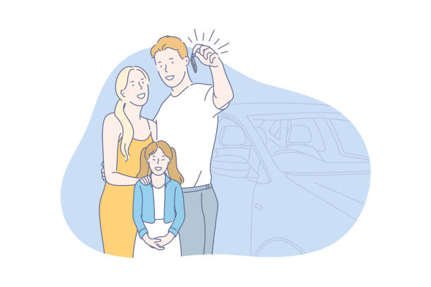 Car, buy, family concept Car, buy, family concept. Young family bought brand new car. Happy man woman and their child show key from their vehicle. Boy, girl and child use carsharing and go on vacation. Simple flat vector. car key illustrations stock illustrations