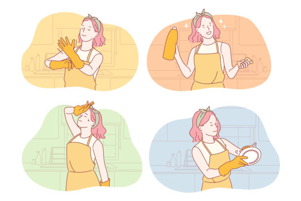 가정부 또는 가정부 세트 컨셉 - stereotypical housewife stock illustrations