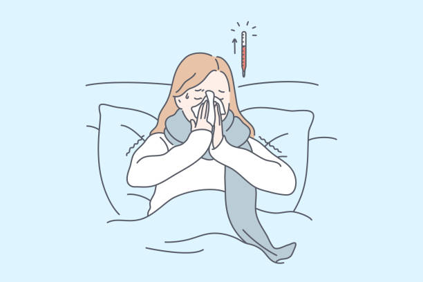 Desease, cold, health concept Desease, cold, health concept. Unhealthy woman has chill and runny nose and suffers from weakness. High temperature is symptom of cold. Girl sneezes covering with handkerchief. Simple flat vector. cartoon thermometer stock illustrations