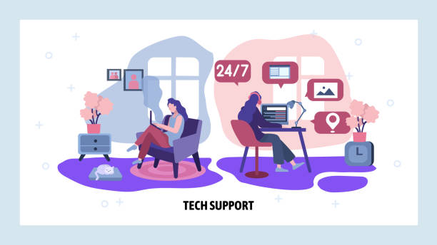 Tech customer support service. Online contact and call center to solve technical problems. Business hotline and helpdesk. Vector web site design template. Landing page website concept illustration Tech customer support service. Online contact and call center to solve technical problems. Business hotline and helpdesk. Vector web site design template. Landing page website concept illustration. rotary dial telephone cartoons stock illustrations