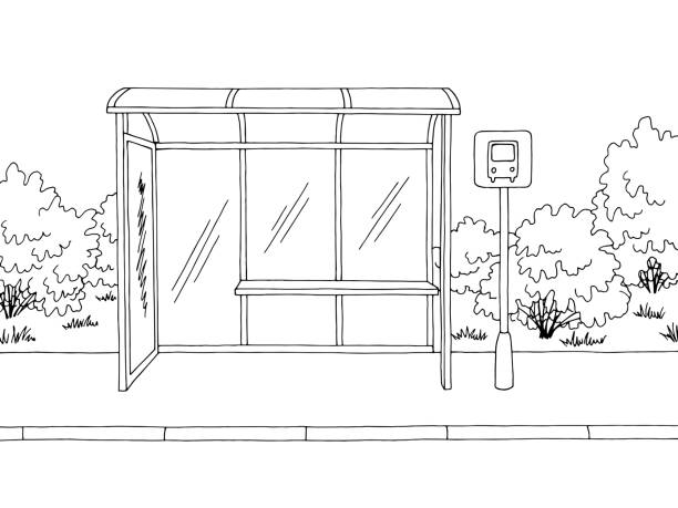 ilustrações de stock, clip art, desenhos animados e ícones de bus stop graphic black white sketch illustration vector - paragem-de-autocarro