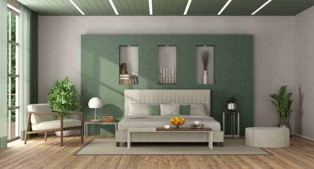 White and green elegant master bedroom White and green elegant master bedroom with double bed against wall with niche - 3d rendering
Note: the room does not exist in reality, Property model is not necessary owners bedroom stock pictures, royalty-free photos & images