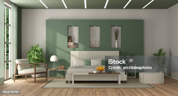 White And Green Elegant Master Bedroom Stock Photo - Download Image Now - Bedroom, Green Color, Ceiling