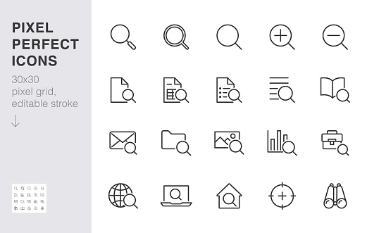 Search line icons set. Zoom, find document, magnify glass symbol, look tool, binoculars minimal vector illustrations. Simple flat outline signs for web interface. 30x30 Pixel Perfect Editable Strokes.