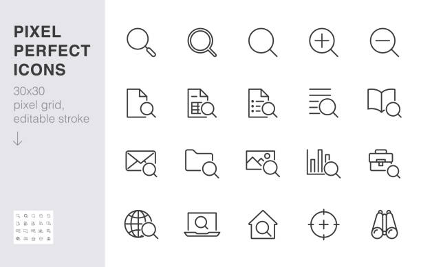 Search line icons set. Zoom, find document, magnify glass symbol, look tool, binoculars minimal vector illustrations. Simple flat outline signs for web interface. 30x30 Pixel Perfect Editable Strokes Search line icons set. Zoom, find document, magnify glass symbol, look tool, binoculars minimal vector illustrations. Simple flat outline signs for web interface. 30x30 Pixel Perfect Editable Strokes. zoom effect stock illustrations