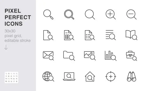 Vector illustration of Search line icons set. Zoom, find document, magnify glass symbol, look tool, binoculars minimal vector illustrations. Simple flat outline signs for web interface. 30x30 Pixel Perfect Editable Strokes