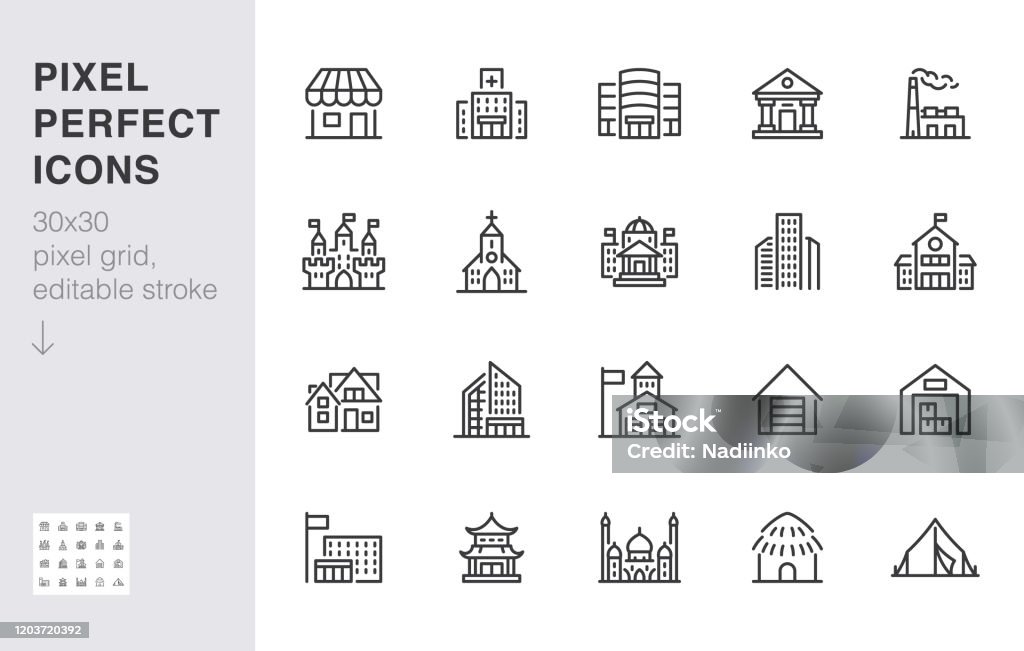 City building line icons set. Hospital, hotel, bank, mall, government hall, castle, police minimal vector illustrations. Simple flat outline sign for web, app. 30x30 Pixel Perfect. Editable Strokes City building line icons set. Hospital, hotel, bank, mall, government hall, castle, police minimal vector illustrations. Simple flat outline sign for web, app. 30x30 Pixel Perfect. Editable Strokes. Icon stock vector