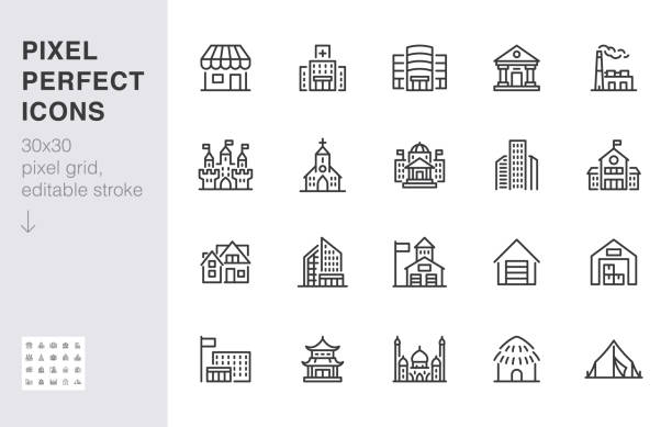 City building line icons set. Hospital, hotel, bank, mall, government hall, castle, police minimal vector illustrations. Simple flat outline sign for web, app. 30x30 Pixel Perfect. Editable Strokes City building line icons set. Hospital, hotel, bank, mall, government hall, castle, police minimal vector illustrations. Simple flat outline sign for web, app. 30x30 Pixel Perfect. Editable Strokes. skyscraper illustrations stock illustrations