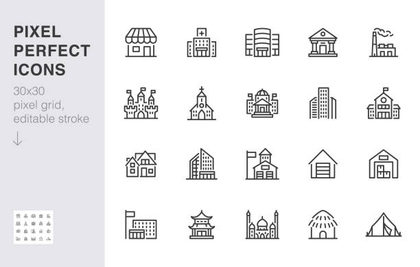 City building line icons set. Hospital, hotel, bank, mall, government hall, castle, police minimal vector illustrations. Simple flat outline sign for web, app. 30x30 Pixel Perfect. Editable Strokes City building line icons set. Hospital, hotel, bank, mall, government hall, castle, police minimal vector illustrations. Simple flat outline sign for web, app. 30x30 Pixel Perfect. Editable Strokes. public building stock illustrations