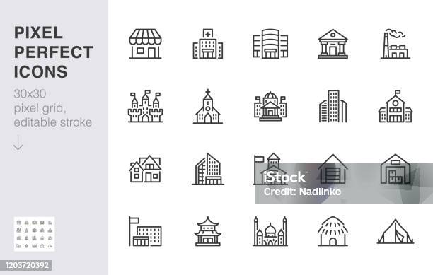 City Building Line Icons Set Hospital Hotel Bank Mall Government Hall Castle Police Minimal Vector Illustrations Simple Flat Outline Sign For Web App 30x30 Pixel Perfect Editable Strokes Stock Illustration - Download Image Now