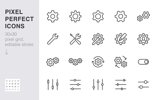 Gear, cogwheel line icons set. App settings button, slider, wrench tool, fix concept minimal vector illustrations. Simple flat outline signs for web interface. 30x30 Pixel Perfect. Editable Strokes.