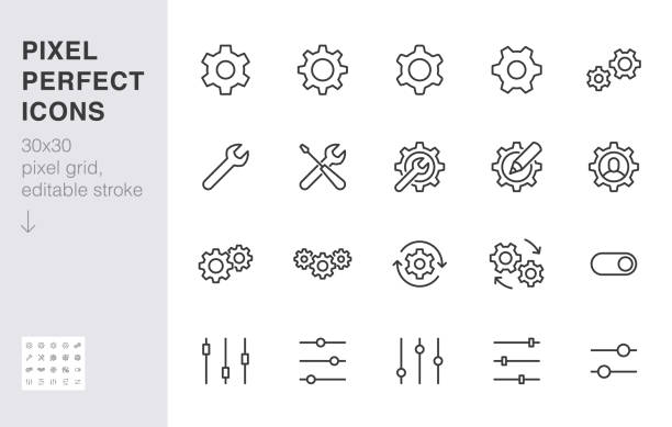 Gear, cogwheel line icons set. App settings button, slider, wrench tool, fix concept minimal vector illustrations. Simple flat outline signs for web interface. 30x30 Pixel Perfect. Editable Strokes Gear, cogwheel line icons set. App settings button, slider, wrench tool, fix concept minimal vector illustrations. Simple flat outline signs for web interface. 30x30 Pixel Perfect. Editable Strokes. repairman stock illustrations