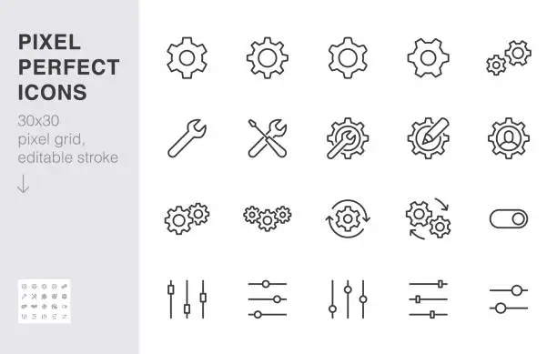 Vector illustration of Gear, cogwheel line icons set. App settings button, slider, wrench tool, fix concept minimal vector illustrations. Simple flat outline signs for web interface. 30x30 Pixel Perfect. Editable Strokes
