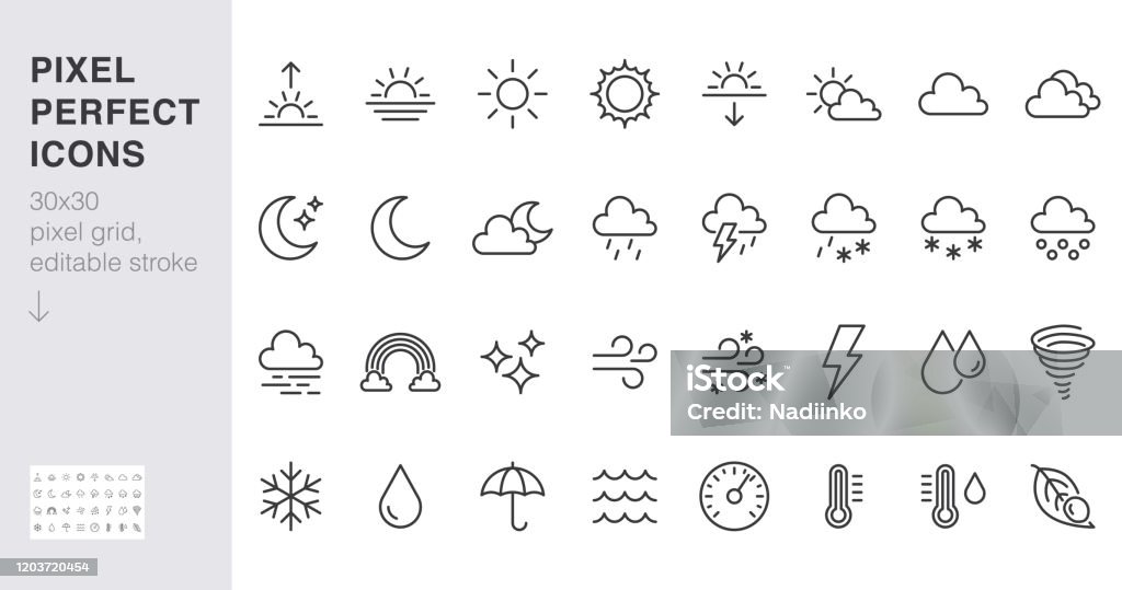 Wetterliniensymbole gesetzt. Sonne, Regen, Gewitter, Tau, Wind, Schneewolke, Nachthimmel minimale Vektor-Illustrationen. Einfache flache Umrisszeichen für Web, Prognose ca. 30x30 Pixel Perfekt. Bearbeitbare Striche - Lizenzfrei Icon Vektorgrafik