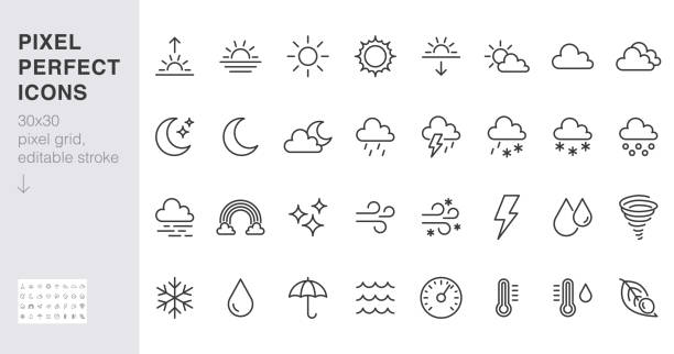 illustrations, cliparts, dessins animés et icônes de ensemble d'icônes de ligne météo. soleil, pluie, orage, rosée, vent, nuage de neige, ciel nocturne illustrations vectorielles minimales. simples panneaux plats pour le web, prévision app. 30x30 pixel perfect. coups modifiables - météorologie