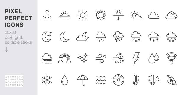 illustrazioni stock, clip art, cartoni animati e icone di tendenza di set di icone delle linee meteorologiche. sole, pioggia, tempesta di tuoni, rugiada, vento, nube di neve, cielo notturno illustrazioni vettoriali minime. semplici segni di contorno piatto per il web, app di previsione. 30x30 pixel perfect. tratti modificabi - simboli
