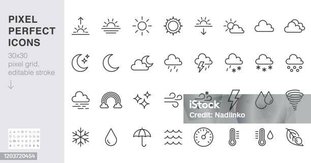 Weather Line Icons Set Sun Rain Thunder Storm Dew Wind Snow Cloud Night Sky Minimal Vector Illustrations Simple Flat Outline Signs For Web Forecast App 30x30 Pixel Perfect Editable Strokes Stock Illustration - Download Image Now