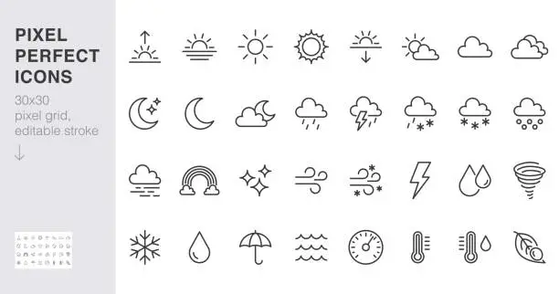 Vector illustration of Weather line icons set. Sun, rain, thunder storm, dew, wind, snow cloud, night sky minimal vector illustrations. Simple flat outline signs for web, forecast app. 30x30 Pixel Perfect. Editable Strokes