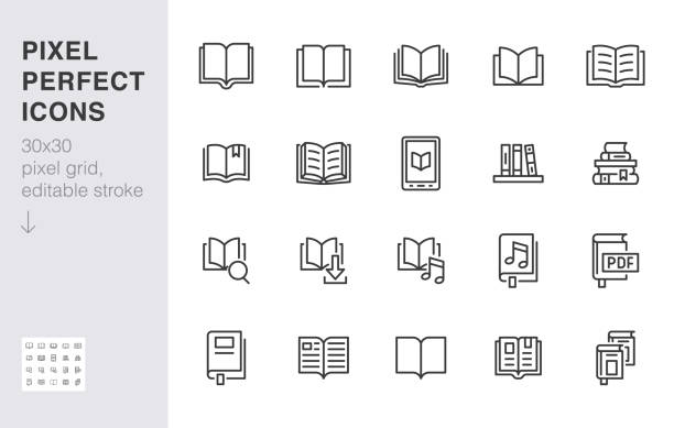 buchliniensymbole gesetzt. offene bücher, wörterbuch, bibel, audioroman, literaturpädagogik minimale vektor-illustrationen. einfaches flaches umrisszeichen für web-bibliothek app. 30x30 pixel perfekt. bearbeitbare striche - buch stock-grafiken, -clipart, -cartoons und -symbole