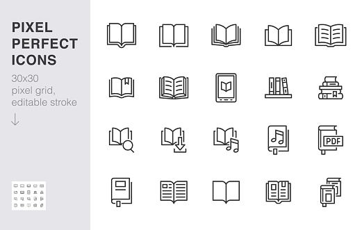 Book line icons set. Open books, dictionary, bible, audio novel, literature education minimal vector illustrations. Simple flat outline sign for web library app. 30x30 Pixel Perfect. Editable Strokes.