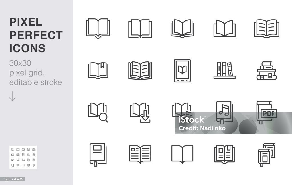 Book line icons set. Open books, dictionary, bible, audio novel, literature education minimal vector illustrations. Simple flat outline sign for web library app. 30x30 Pixel Perfect. Editable Strokes Book line icons set. Open books, dictionary, bible, audio novel, literature education minimal vector illustrations. Simple flat outline sign for web library app. 30x30 Pixel Perfect. Editable Strokes. Icon stock vector