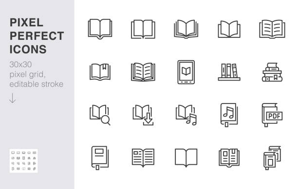 Book line icons set. Open books, dictionary, bible, audio novel, literature education minimal vector illustrations. Simple flat outline sign for web library app. 30x30 Pixel Perfect. Editable Strokes Book line icons set. Open books, dictionary, bible, audio novel, literature education minimal vector illustrations. Simple flat outline sign for web library app. 30x30 Pixel Perfect. Editable Strokes. library stock illustrations